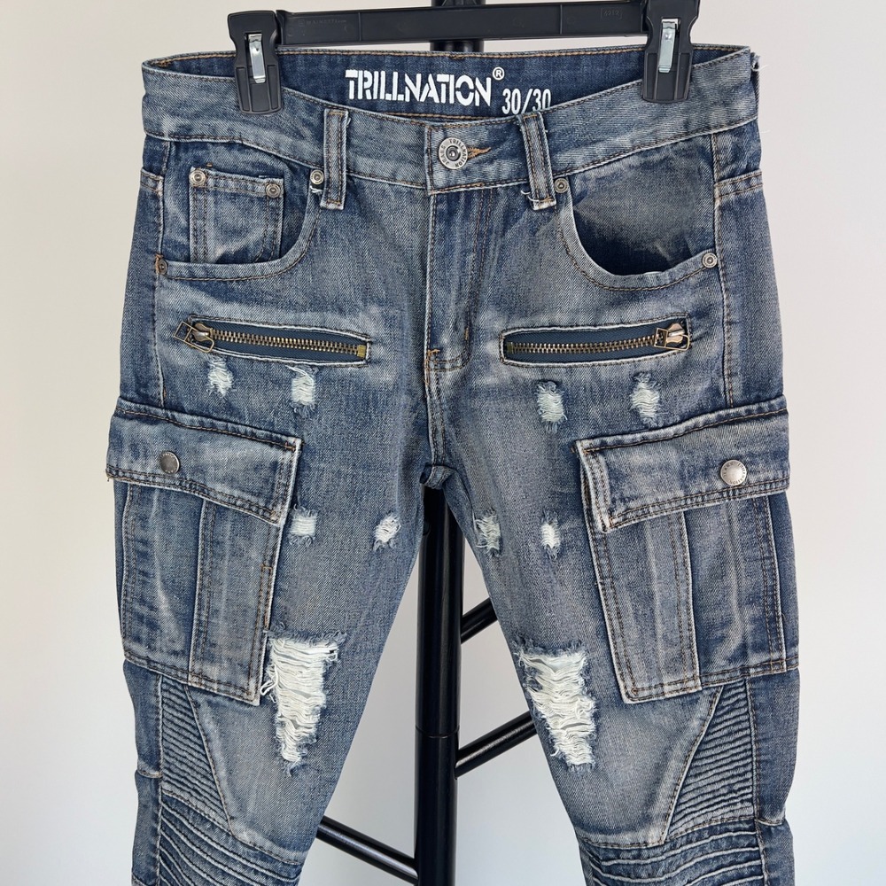 Trill Nation Mens 30x30 Moto Biker Cargo Jeans Distressed Blue Denim Ribbed Knee - Picture 2 of 13
